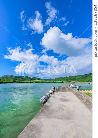 Ishigaki Island: The quay of Funakoshi Fishing Port, overlooking the emerald sea. 139167854