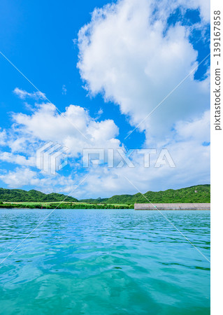 Ishigaki Island: The beautiful scenery of Funakoshi Fishing Port with its emerald sea and mountain range. 139167858