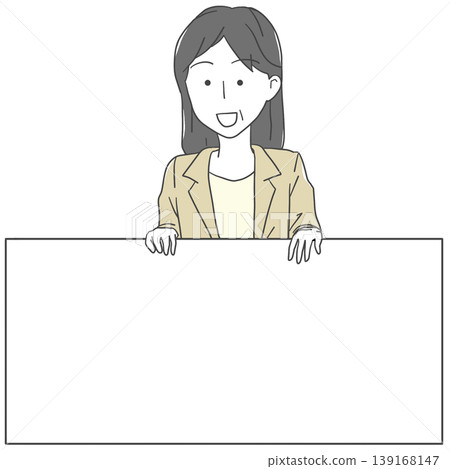 Simple illustration of a female businesswoman holding a whiteboard (no shadows). 139168147