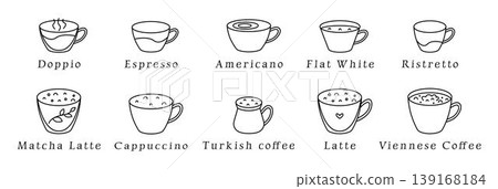 Coffee types set, black line caffeine icons, barista vector signs. Latte, Espresso, Americano, Turkish coffee, Cappuccino, Matcha Latte, Doppio, Flat White, Ristretto, Viennese Coffee Coffee types set, black line caffeine icons, barista vector signs. Latte, Espresso, Americano, Turkish coffee, Cappuccino, Matcha Latte, Doppio, Flat White, Ristretto, Viennese Coffee 139168184