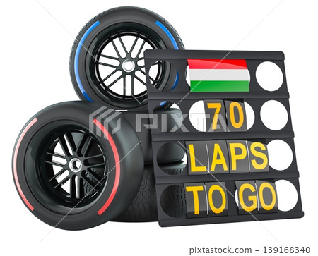 Hungarian racing, pit board with Hungary flag of and racing wheels with different compounds type tyres. 3D rendering Hungarian racing, pit board with Hungary flag of and racing wheels with different compounds type tyres. 3D rendering 139168340