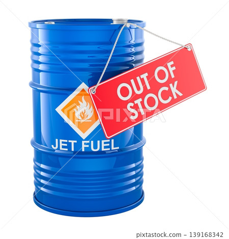 Jet fuel barrel with out of stock warning tag. Aviation fuel shortage and supply disruption, concept. 3d rendering 139168342