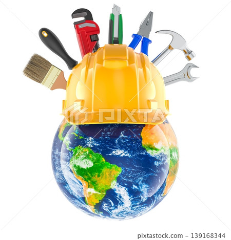 Labor Day concept with globe hard hat and tools. 3d rendering Labor Day concept with globe hard hat and tools. 3d rendering 139168344
