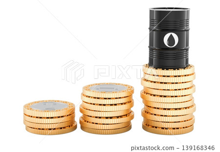 Oil barrel on rising coin stacks. Concept of oil price growth, energy costs, profit and petroleum market, 3d rendering 139168346