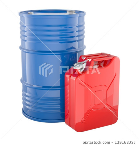Blue fuel barrel and red jerry can. 3d rendering Blue fuel barrel and red jerry can. 3d rendering 139168355