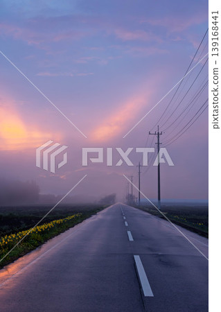 A straight road in the evening mist 139168441