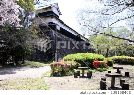 福岡城遺址多門塔樓和福岡市舞鶴公園盛開的櫻花。 福岡城遺址多門塔樓和福岡市舞鶴公園盛開的櫻花。 139168468