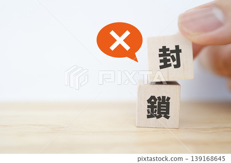 The concepts of closure and regulation. Block letters and prohibition signs. Wooden cubes. The concepts of closure and regulation. Block letters and prohibition signs. Wooden cubes. 139168645
