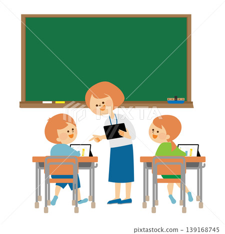 Illustration of a child using a tablet device during class. 139168745