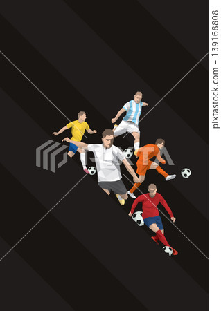 Black diagonal striped vertical background with colorful polygon football players various action have blank space. Black diagonal striped vertical background with colorful polygon football players various action have blank space. 139168808