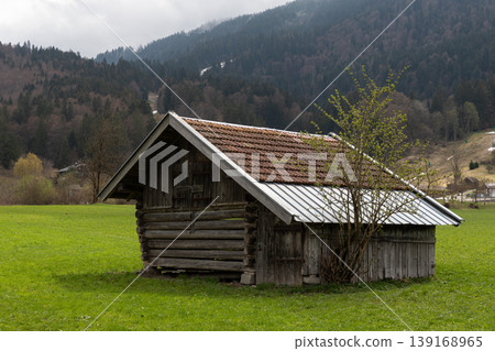 Rustic Wooden Alpine Hut in Green Meadow Rustic Wooden Alpine Hut in Green Meadow 139168965