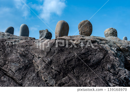 Pebbles climbing onto the reef and gazing out at the sea Pebbles climbing onto the reef and gazing out at the sea 139168970