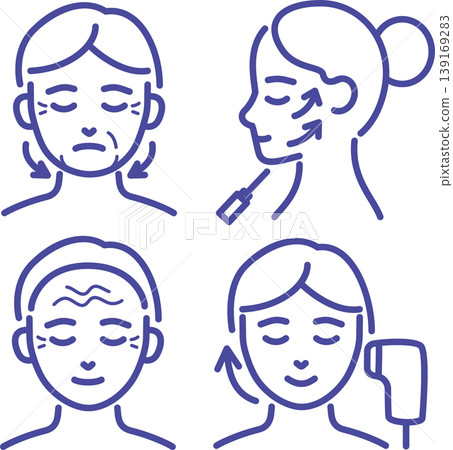 Cosmetic medicine icon set: wrinkles, sagging, thread lift, HIFU, anti-aging care, skincare, medical surgery, line drawing. Cosmetic medicine icon set: wrinkles, sagging, thread lift, HIFU, anti-aging care, skincare, medical surgery, line drawing. 139169283