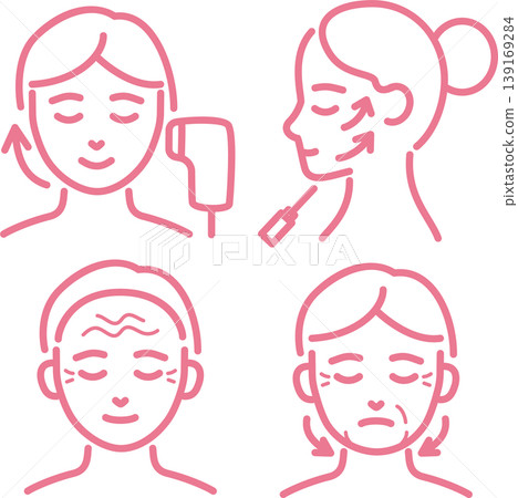 Cosmetic medicine icon set: wrinkles, sagging, thread lift, HIFU, anti-aging care, skincare, medical surgery, line drawing. Cosmetic medicine icon set: wrinkles, sagging, thread lift, HIFU, anti-aging care, skincare, medical surgery, line drawing. 139169284