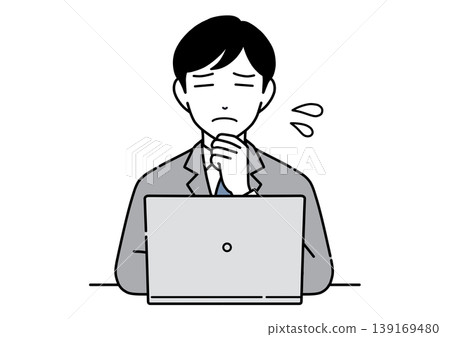 A monochrome illustration of a young man in a suit looking anxious while using a computer. A monochrome illustration of a young man in a suit looking anxious while using a computer. 139169480