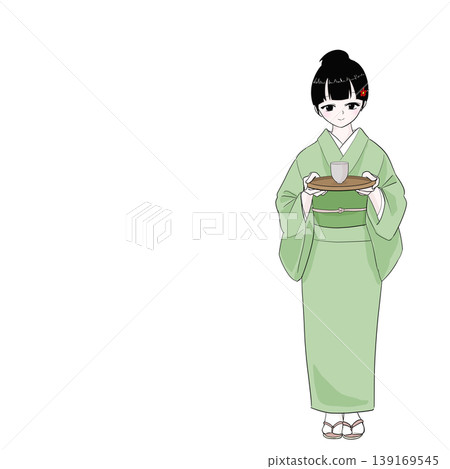 身著和服的女子端茶，正面全身像，日式風格，客戶服務。 139169545