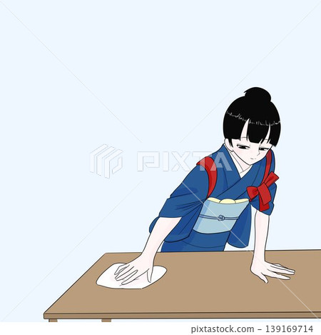 一位身穿和服、腰間繫著腰帶的女子正在擦拭桌子,打掃衛生,做家務,展現出日式風格。 一位身穿和服、腰間繫著腰帶的女子正在擦拭桌子,打掃衛生,做家務,展現出日式風格。 139169714