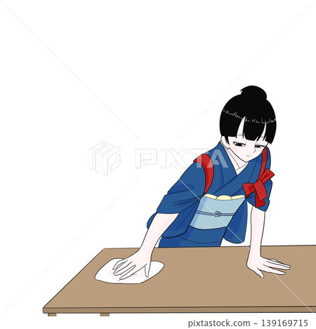 一位身穿和服、腰間繫著腰帶的女子正在擦拭桌子,打掃衛生,做家務,展現出日式風格。 一位身穿和服、腰間繫著腰帶的女子正在擦拭桌子,打掃衛生,做家務,展現出日式風格。 139169715