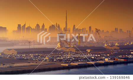 Dubai, United Arab Emirates - Jan 12 2024, Panoramic view of downtown Dubai skyscrapers, with Burj Khalifa, at dawn in a haze, with port and ship on foreground, Dubai, United Arab Emirates Dubai, United Arab Emirates - Jan 12 2024, Panoramic view of downtown Dubai skyscrapers, with Burj Khalifa, at dawn in a haze, with port and ship on foreground, Dubai, United Arab Emirates 139169846