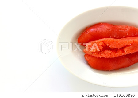 Tarako (cut pieces) viewed from directly above against a white background. Tarako (cut pieces) viewed from directly above against a white background. 139169880
