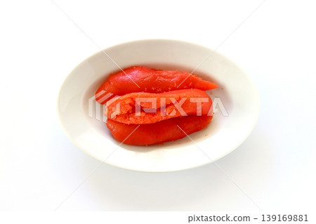 Tarako (cut pieces) viewed from directly above against a white background. Tarako (cut pieces) viewed from directly above against a white background. 139169881