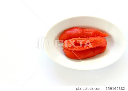Tarako (cut pieces) viewed from directly above against a white background. Tarako (cut pieces) viewed from directly above against a white background. 139169882