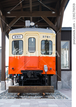 A Nomi Electric Railway (Nomiden) train car preserved and displayed at the east exit of Nomi-Negami Station | Nomiden | Nomi City, Ishikawa Prefecture 139170059