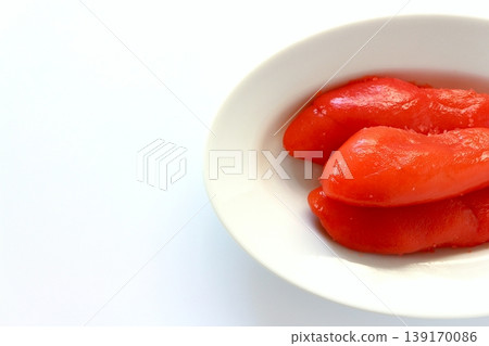 Tarako (cut pieces) viewed from directly above against a white background. Tarako (cut pieces) viewed from directly above against a white background. 139170086