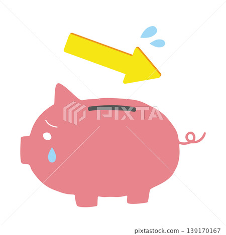 Image of a piggy bank and a downward-sloping yellow arrow, representing a decrease or loss in savings. 139170167