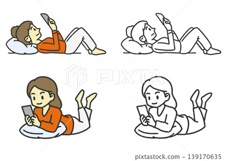 A woman operating a tablet while lying down. 139170635
