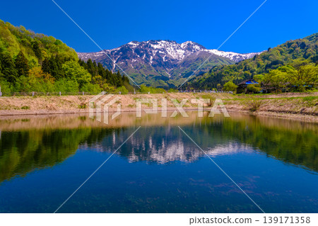 白雪皚皚的山峰倒映在稻田中 白雪皚皚的山峰倒映在稻田中 139171358