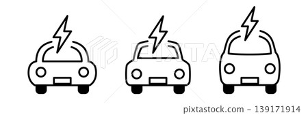 一組向量圖標,圖案為環保電動車(EV),車頭帶有電力符號。 一組向量圖標,圖案為環保電動車(EV),車頭帶有電力符號。 139171914