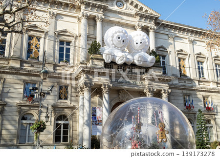 Anooki sit on the exterior of hotel de ville. The Anooki sculptures, designed by Moetu Batlle and David Passegand, are featured in Avignon, for Christmas 139173278
