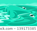 Surrealism illustration of a floating nose and eye-like simple shapes in a turquoise sea, conveying a sense of loneliness and isolation. 139173385