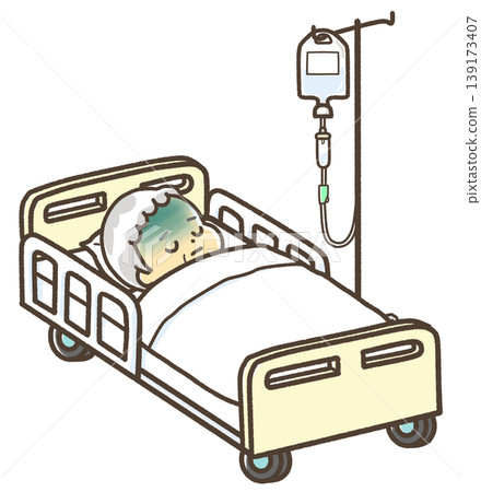 An elderly man is lying pale on a bed that has been flattened. An elderly man is lying pale on a bed that has been flattened. 139173407