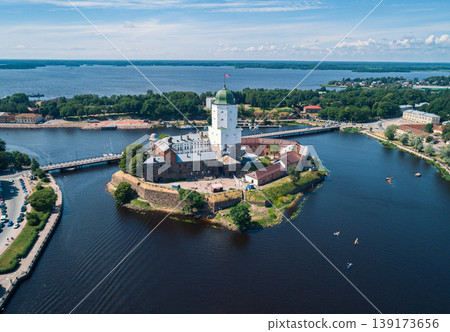 An aerial view of Vyborg Castle on an island in Vyborg Bay, Russia An aerial view of Vyborg Castle on an island in Vyborg Bay, Russia 139173656