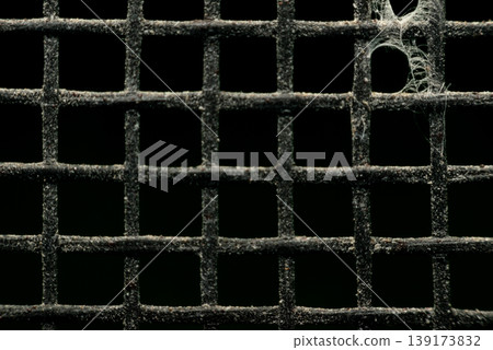 Macro close up mosquito screen mesh with dust and cobweb detail fine grid pattern dark background household protection surface texture and wear Macro close up mosquito screen mesh with dust and cobweb detail fine grid pattern dark background household protection surface texture and wear 139173832