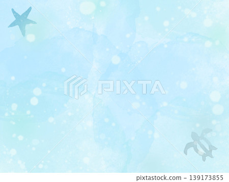 水彩背景，描繪了海星和海龜在夏日海洋中游弋的景象。 139173855