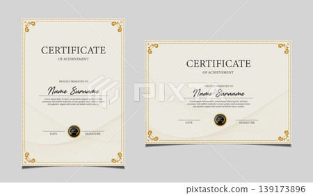 Premium certificate of achievement template design in both portrait and landscape orientation. Elegant classic diploma border, award recognition document with a black seal graphic. Vector. Premium certificate of achievement template design in both portrait and landscape orientation. Elegant classic diploma border, award recognition document with a black seal graphic. Vector. 139173896