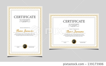 Premium certificate of achievement template design in both portrait and landscape orientation. Elegant classic diploma border, award recognition document with a black seal graphic. Vector. Premium certificate of achievement template design in both portrait and landscape orientation. Elegant classic diploma border, award recognition document with a black seal graphic. Vector. 139173906