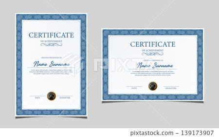 Premium certificate of achievement template design in both portrait and landscape orientation. Elegant classic diploma border, award recognition document with a black seal graphic. Vector. Premium certificate of achievement template design in both portrait and landscape orientation. Elegant classic diploma border, award recognition document with a black seal graphic. Vector. 139173907