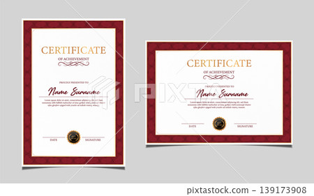 Premium certificate of achievement template design in both portrait and landscape orientation. Elegant classic diploma border, award recognition document with a black seal graphic. Vector. Premium certificate of achievement template design in both portrait and landscape orientation. Elegant classic diploma border, award recognition document with a black seal graphic. Vector. 139173908