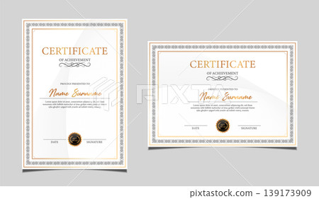 Premium certificate of achievement template design in both portrait and landscape orientation. Elegant classic diploma border, award recognition document with a black seal graphic. Vector. Premium certificate of achievement template design in both portrait and landscape orientation. Elegant classic diploma border, award recognition document with a black seal graphic. Vector. 139173909