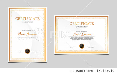 Premium certificate of achievement template design in both portrait and landscape orientation. Elegant classic diploma border, award recognition document with a black seal graphic. Vector. Premium certificate of achievement template design in both portrait and landscape orientation. Elegant classic diploma border, award recognition document with a black seal graphic. Vector. 139173910