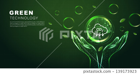Glowing wireframe hand holding transparent sphere with CO2 and leaf. Green technology banner template representing carbon capture, environmental sustainability and eco-friendly future. Vector. 139173923
