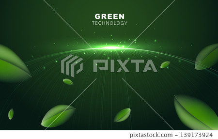 Abstract green technology background with floating 3D leaves and glowing digital lines on horizon. Concept of futuristic eco-friendly environment, sustainability, and renewable energy. Vector design. Abstract green technology background with floating 3D leaves and glowing digital lines on horizon. Concept of futuristic eco-friendly environment, sustainability, and renewable energy. Vector design. 139173924
