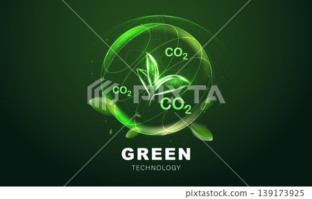 Glowing green transparent sphere with wireframe leaf and CO2 text. Green technology concept representing carbon capture, eco-friendly environmental sustainability and future innovation vector design. Glowing green transparent sphere with wireframe leaf and CO2 text. Green technology concept representing carbon capture, eco-friendly environmental sustainability and future innovation vector design. 139173925