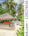Tranquil tropical beach resort private pool palm trees sandy scenic canopy exotic travel destination summer tourism background peaceful poolside paradise luxury coastal retreat water horizon 139174016