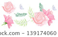 Elegant light peach rose blossoms are surrounded by rich green rose leaves, ferns, and eucalyptus, along with individual elements such as rosebuds and leafy branches. The illustration is executed in 139174060