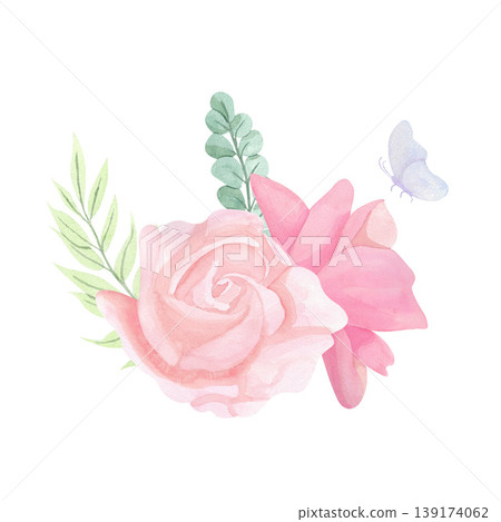 Elegant light peach rose blossoms are surrounded by rich green rose leaves, ferns, and eucalyptus. The illustration is executed in watercolor, lending a delicate, translucent quality and soft color Elegant light peach rose blossoms are surrounded by rich green rose leaves, ferns, and eucalyptus. The illustration is executed in watercolor, lending a delicate, translucent quality and soft color 139174062